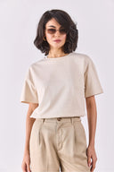 Bisiklet Yaka Oversize Rahat Kalıp Basic Tişört-Naturel