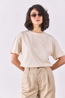 Bisiklet Yaka Oversize Rahat Kalıp Basic Tişört-Naturel
