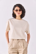 Bisiklet Yaka Oversize Rahat Kalıp Basic Tişört-Naturel