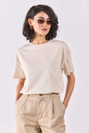 Bisiklet Yaka Oversize Rahat Kalıp Basic Tişört-Naturel