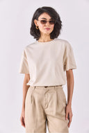 Bisiklet Yaka Oversize Rahat Kalıp Basic Tişört-Naturel