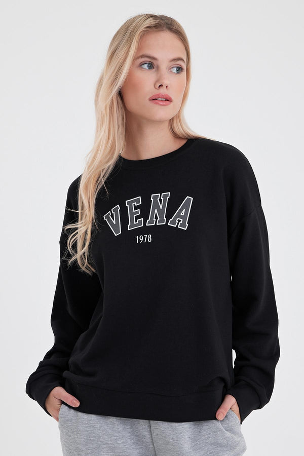 Kadın Bisiklet Yaka Logo Baskılı Pamuklu Sweatshirt - SİYAH