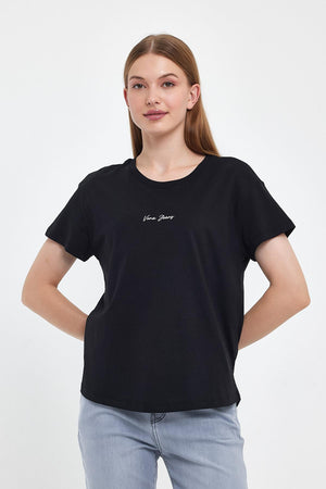 Kadın Bisiklet Yaka Logo Baskılı Regular Fit Tişört - SİYAH