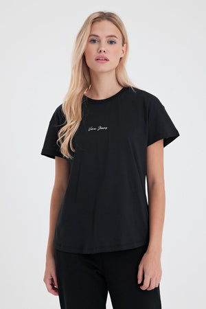 Kadın Bisiklet Yaka Siyah Logo Baskılı Regular Fit Tişört
