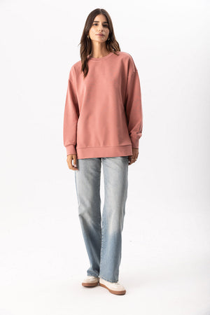 Kadın Bisiklet Yaka Yanı Yırtmaçlı Regular Fit 3 İplik Sweatshirt %100 Pamuk - Gülkurusu