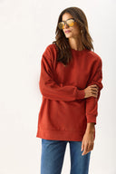 Kadın Bisiklet Yaka Yanı Yırtmaçlı Regular Fit 3 İplik Sweatshirt %100 Pamuk - Kiremit