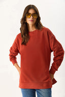 Kadın Bisiklet Yaka Yanı Yırtmaçlı Regular Fit 3 İplik Sweatshirt %100 Pamuk - Kiremit