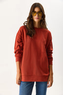 Kadın Bisiklet Yaka Yanı Yırtmaçlı Regular Fit 3 İplik Sweatshirt %100 Pamuk - Kiremit