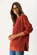 Kadın Bisiklet Yaka Yanı Yırtmaçlı Regular Fit 3 İplik Sweatshirt %100 Pamuk - Kiremit