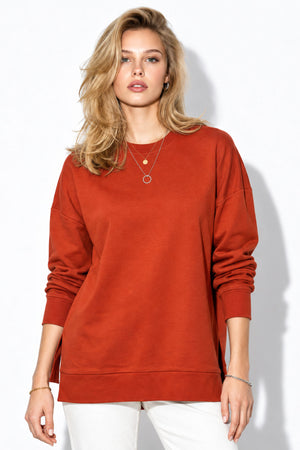 Kadın Bisiklet Yaka Yanı Yırtmaçlı Regular Fit 3 İplik Sweatshirt %100 Pamuk-Kiremit