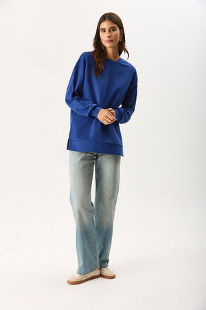 Kadın Bisiklet Yaka Yanı Yırtmaçlı Regular Fit 3 İplik Sweatshirt %100 Pamuk - Navy