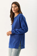 Kadın Bisiklet Yaka Yanı Yırtmaçlı Regular Fit 3 İplik Sweatshirt %100 Pamuk - Navy