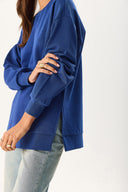 Kadın Bisiklet Yaka Yanı Yırtmaçlı Regular Fit 3 İplik Sweatshirt %100 Pamuk - Navy