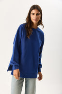 Kadın Bisiklet Yaka Yanı Yırtmaçlı Regular Fit 3 İplik Sweatshirt %100 Pamuk - Navy