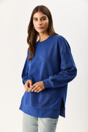 Kadın Bisiklet Yaka Yanı Yırtmaçlı Regular Fit 3 İplik Sweatshirt %100 Pamuk - Navy