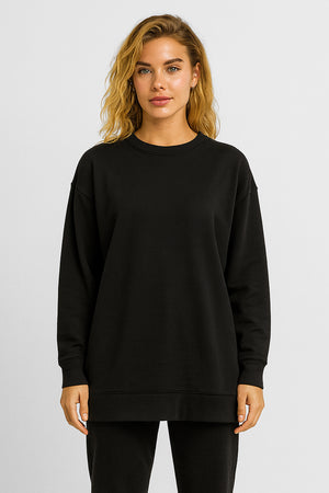 Kadın Bisiklet Yaka Yanı Yırtmaçlı Regular Fit 3 İplik Sweatshirt %100 Pamuk - Siyah