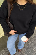 Kadın Bisiklet Yaka Yanı Yırtmaçlı Regular Fit 3 İplik Sweatshirt %100 Pamuk-Siyah