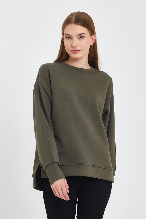 Kadın Bisiklet Yaka Haki Yanı Yırtmaçlı Yumuşak Dokulu Sweatshirt (CUPRO)