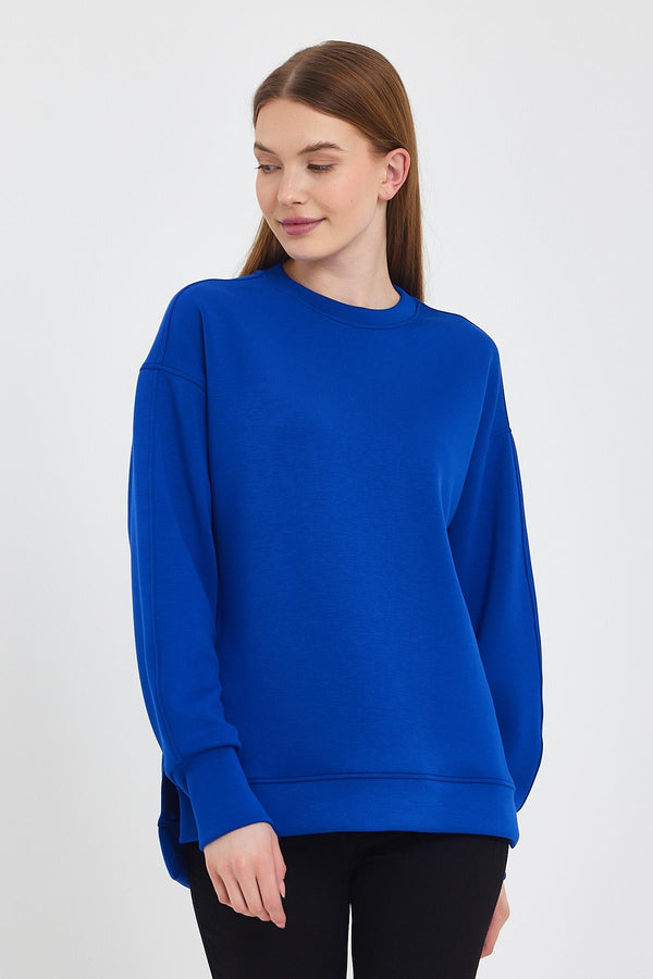 Kadın Bisiklet Yaka Safir Yanı Yırtmaçlı Yumuşak Dokulu Sweatshirt (CUPRO)