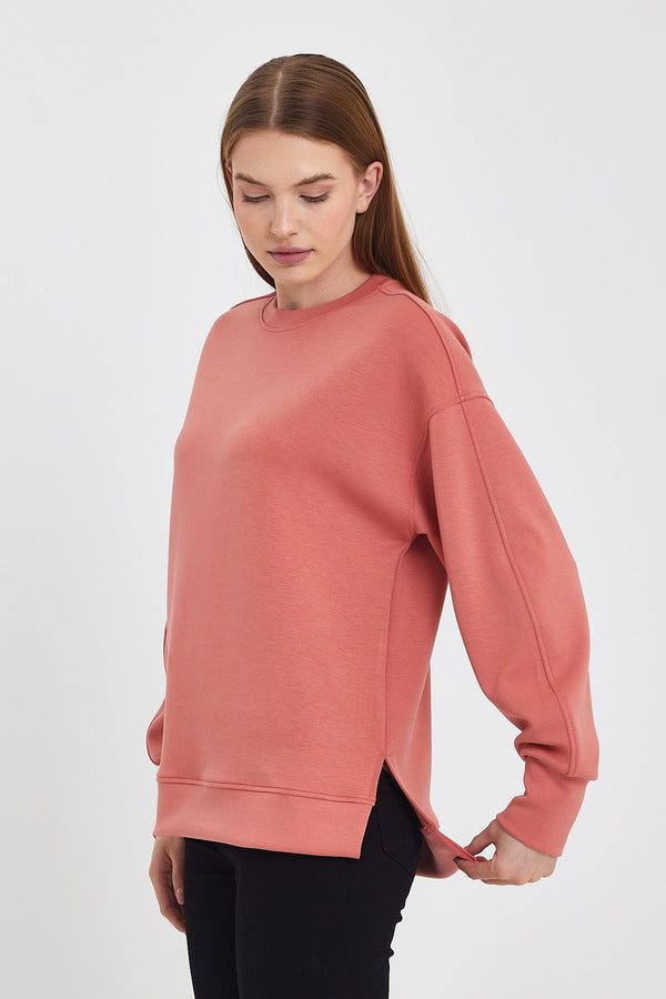 Kadın Bisiklet Yaka Somon Yanı Yırtmaçlı Yumuşak Dokulu Sweatshirt (CUPRO)