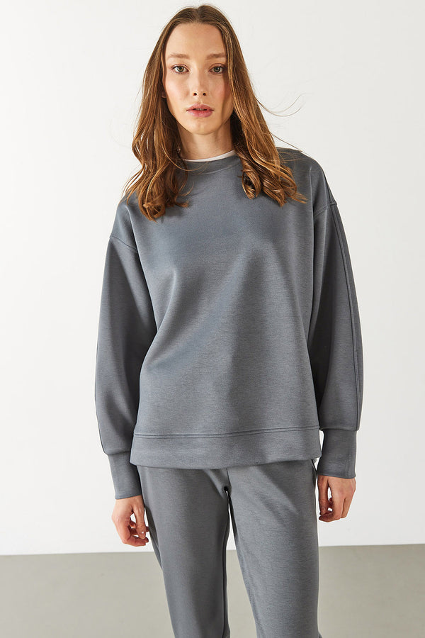 Kadın Bisiklet Yaka Yanı Yırtmaçlı Yumuşak Dokulu Sweatshirt (CUPRO) - ANTRASİT