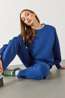 Kadın Bisiklet Yaka Yanı Yırtmaçlı Yumuşak Dokulu Sweatshirt (CUPRO) - Navy