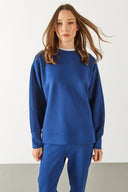 Kadın Bisiklet Yaka Yanı Yırtmaçlı Yumuşak Dokulu Sweatshirt (CUPRO) - Navy