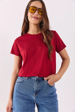 Kadın Boyfriend Bisiklet Yaka Regular Fit Modal Tişört Lyocell (Tencel™) - Bordo