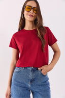 Kadın Boyfriend Bisiklet Yaka Regular Fit Modal Tişört Lyocell (Tencel™) - Bordo