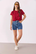 Kadın Boyfriend Bisiklet Yaka Regular Fit Modal Tişört Lyocell (Tencel™) - Bordo
