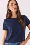 Kadın Boyfriend Bisiklet Yaka Regular Fit Modal Tişört Lyocell (Tencel™) - Lacivert