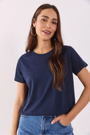 Kadın Boyfriend Bisiklet Yaka Regular Fit Modal Tişört Lyocell (Tencel™) - Lacivert