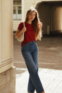 Kadın Boyfriend Bisiklet Yaka Regular Fit Modal Tişört(TENCEL)(TM)-Bordo
