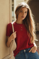 Kadın Boyfriend Bisiklet Yaka Regular Fit Modal Tişört(TENCEL)(TM)-Bordo