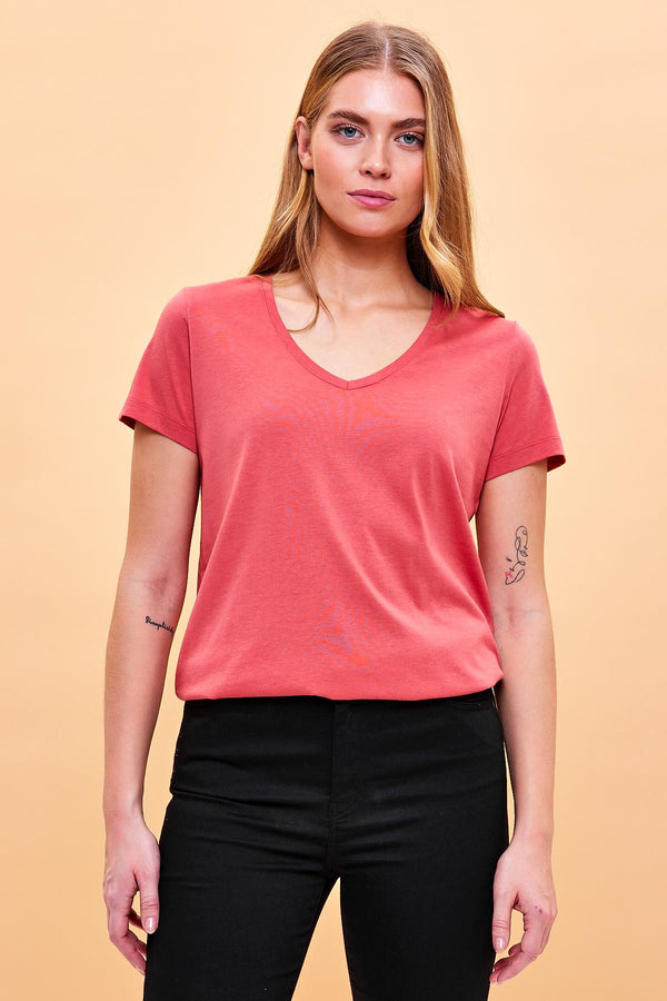 Kadın Boyfriend Terracotta V Yaka Regular Fit Modal Tişört (Lyocell)