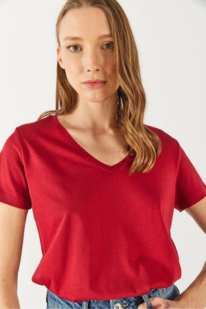 Kadın Boyfriend V Yaka Regular Fit Modal Tişört Lyocell (Tencel™) - Bordo