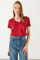 Kadın Boyfriend V Yaka Regular Fit Modal Tişört Lyocell (Tencel™) - Bordo