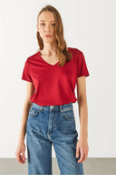 Kadın Boyfriend V Yaka Regular Fit Modal Tişört Lyocell (Tencel™) - Bordo