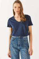 Kadın Boyfriend V Yaka Regular Fit Modal Tişört Lyocell (Tencel™) - Lacivert
