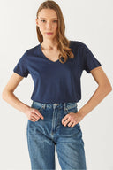 Kadın Boyfriend V Yaka Regular Fit Modal Tişört Lyocell (Tencel™) - Lacivert