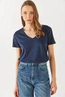 Kadın Boyfriend V Yaka Regular Fit Modal Tişört Lyocell (Tencel™) - Lacivert