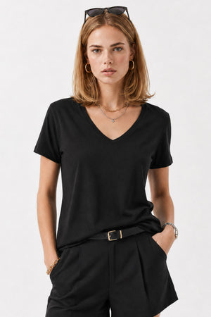 Kadın Boyfriend V Yaka Regular Fit Modal Tişört Lyocell (Tencel™) - Siyah