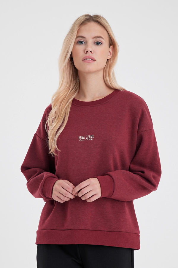 Cindy Logo Baskılı Bisiklet Yaka Şardonlu Sweatshirt - BORDO