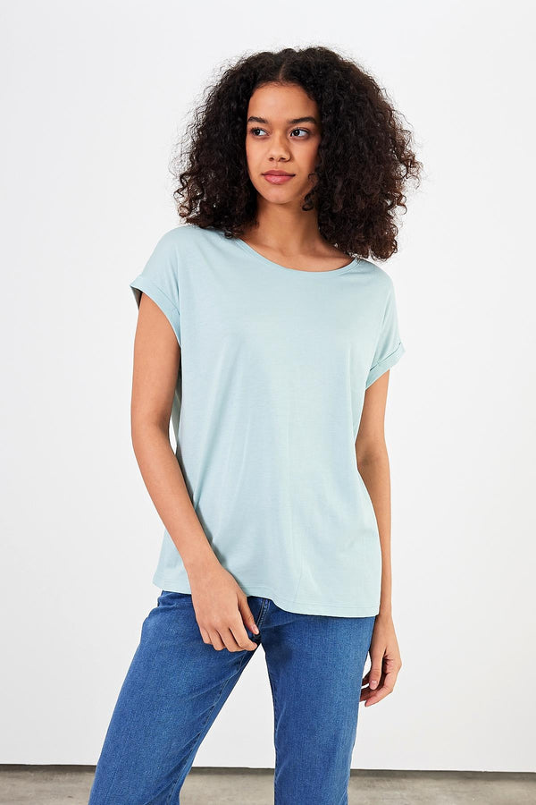 Kadın Cindy Gök Mavisi Bisiklet Yaka Regular Fit Basic Modal Tişört (Lyocell)