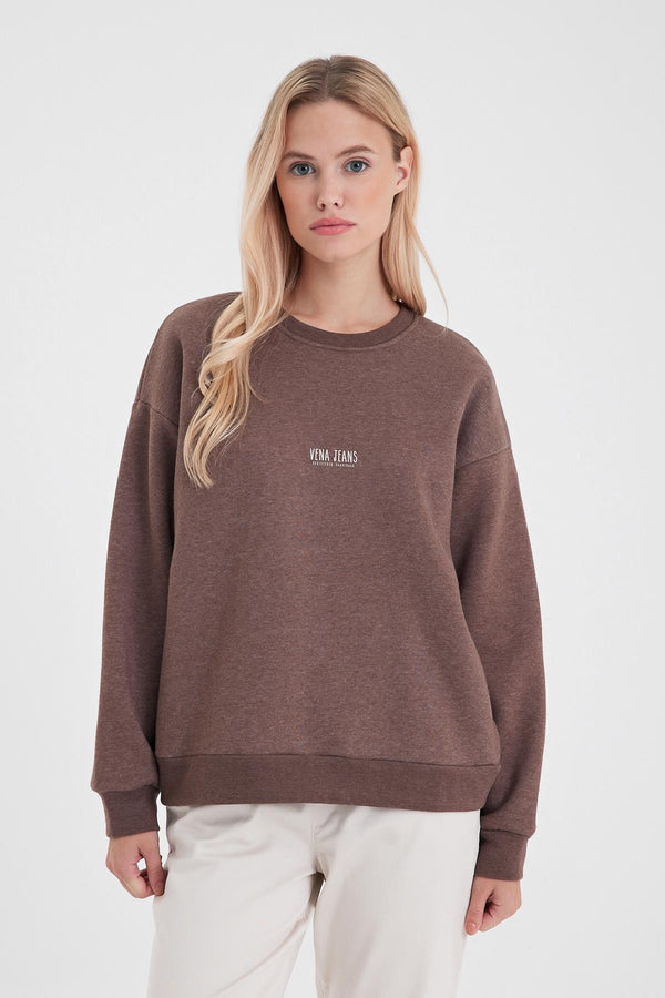 Kadın Cindy Kahve Logo Baskılı Bisiklet Yaka Şardonlu Sweatshirt