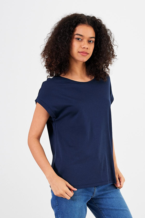 Kadın Cindy Lacivert Bisiklet Yaka Regular Fit Basic Modal Tişört (Lyocell)