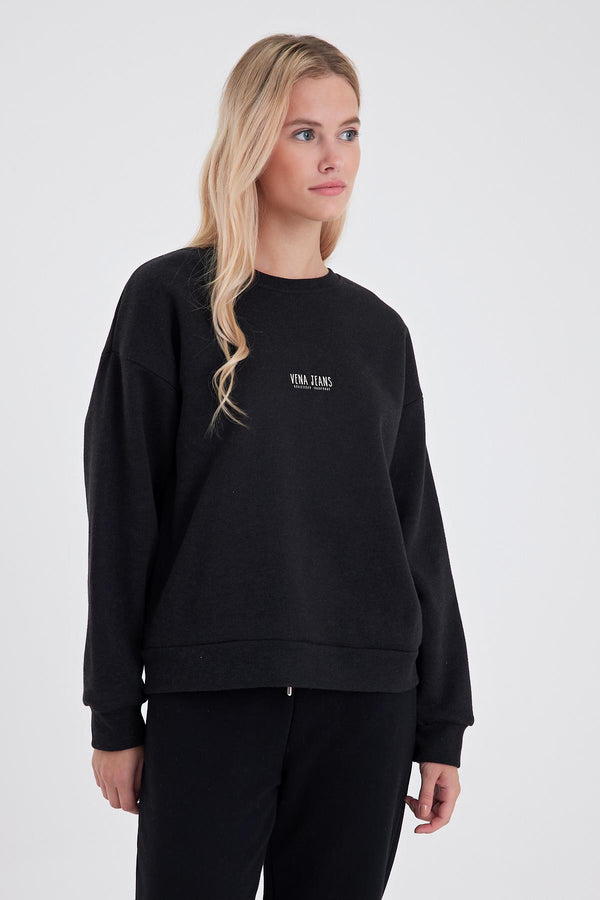 Cindy Logo Baskılı Bisiklet Yaka Şardonlu Sweatshirt - SİYAH