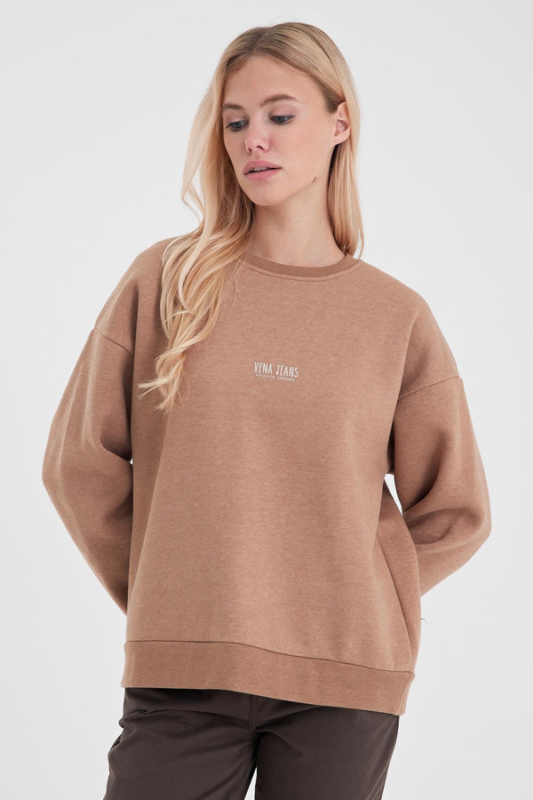 Cindy Logo Baskılı Bisiklet Yaka Şardonlu Sweatshirt - VİZON