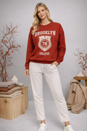 Kadın College Baskılı Sweatshirt %100 Pamuk - Kiremit