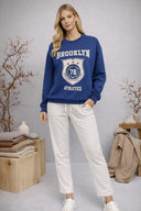 Kadın College Baskılı Sweatshirt %100 Pamuk - Navy